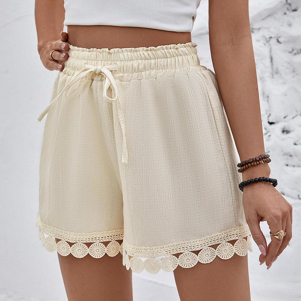 Damen Strandshorts High Waist mit Kordelzug und Spitzenbesatz S-XXL