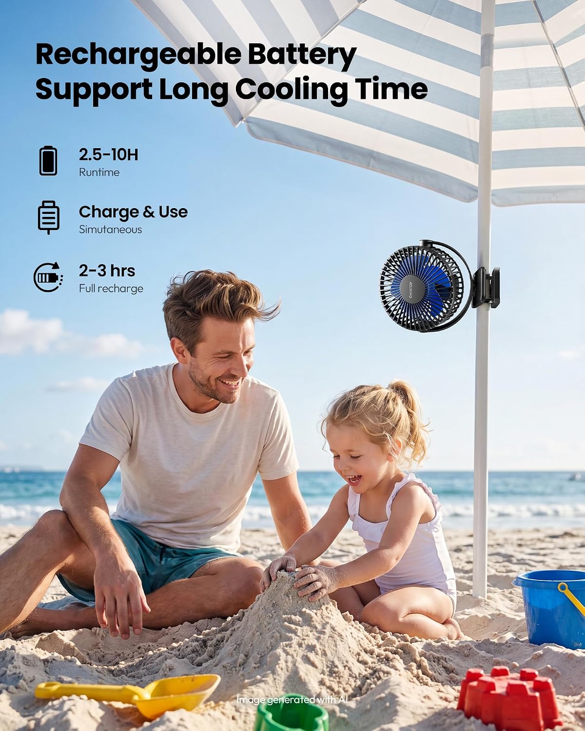 Gaiatop Mini USB-Tischventilator, Clip, Akku, 3 Geschwindigkeiten, Schwarz