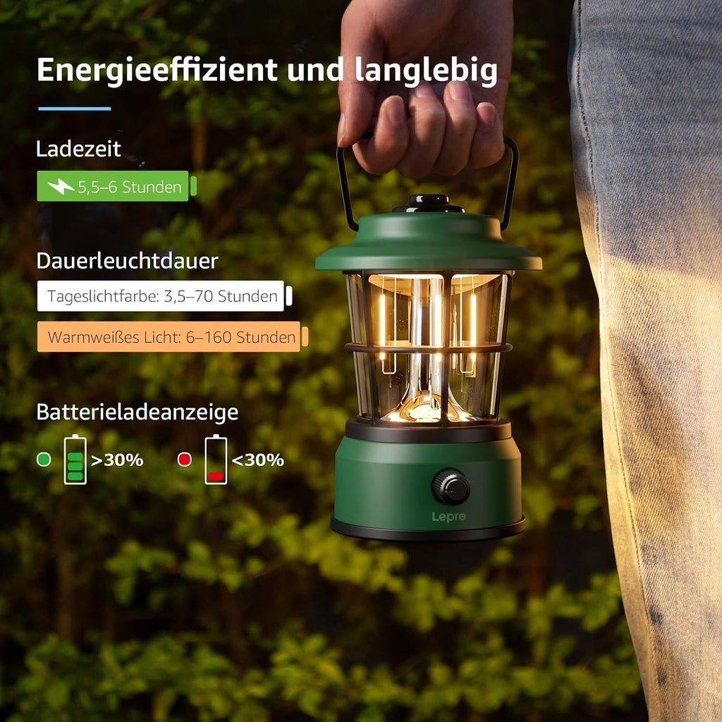 Lepro LED Retro Campinglampe wiederaufladbar dimmbar Powerbank IPX4 schwarz