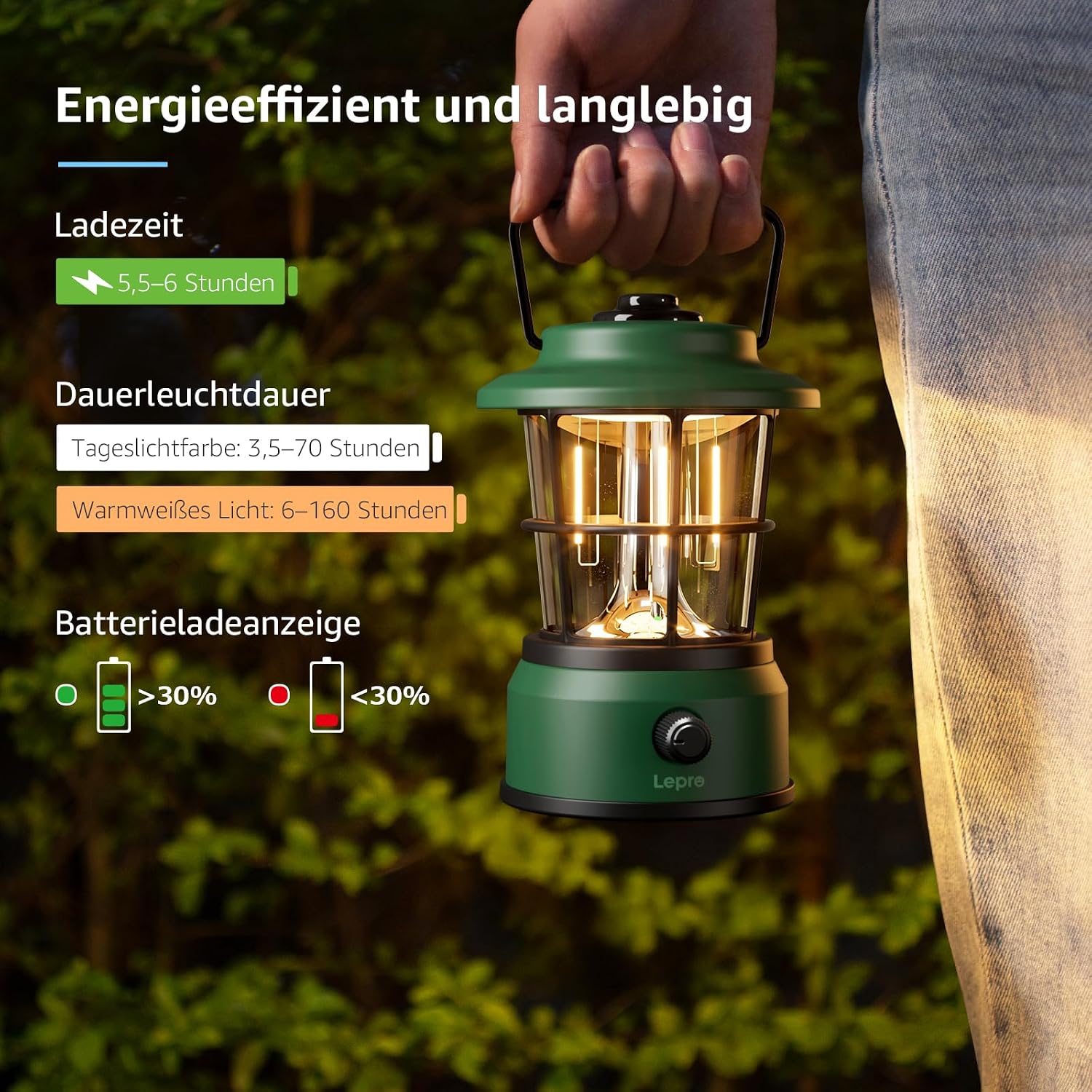 Lepro LED Retro Campinglampe wiederaufladbar dimmbar Powerbank IPX4 schwarz
