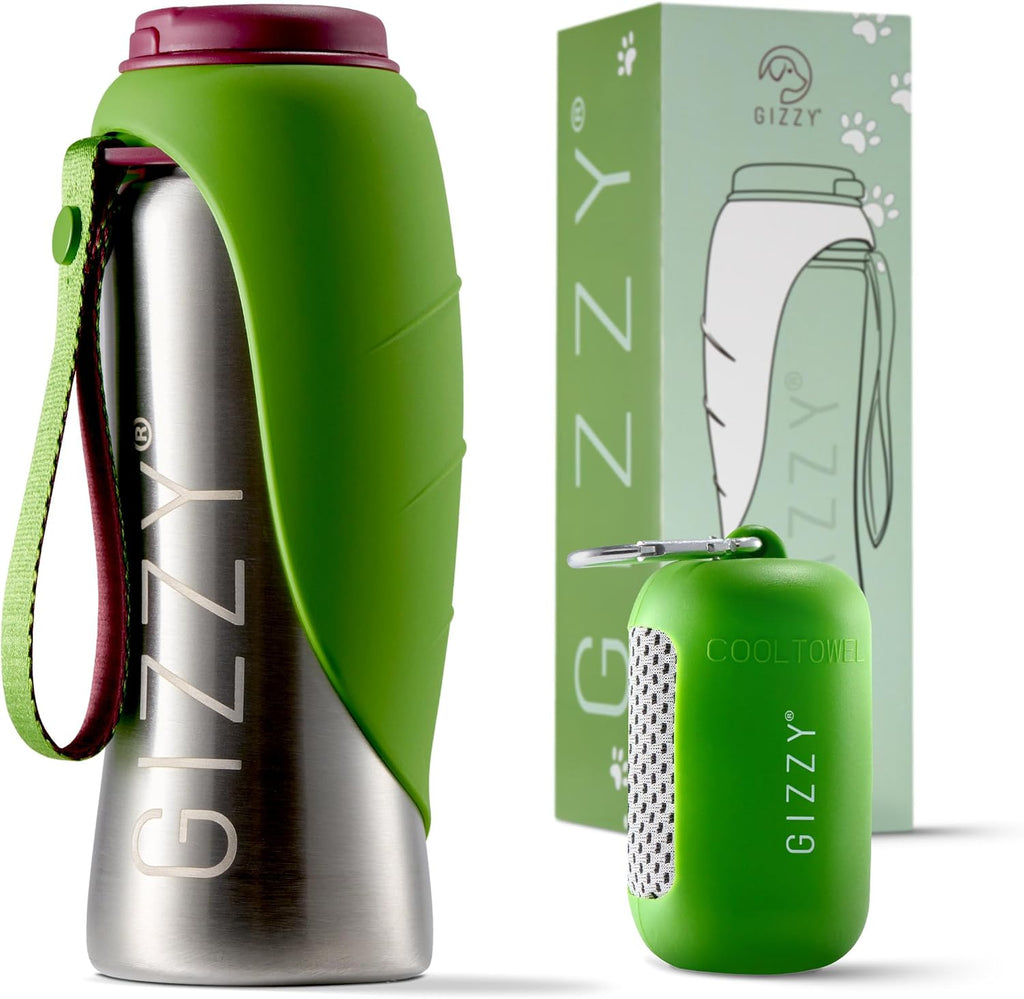GIZZY Trinkflasche fuer Hunde Edelstahl auslaufsicher mit Handtuch