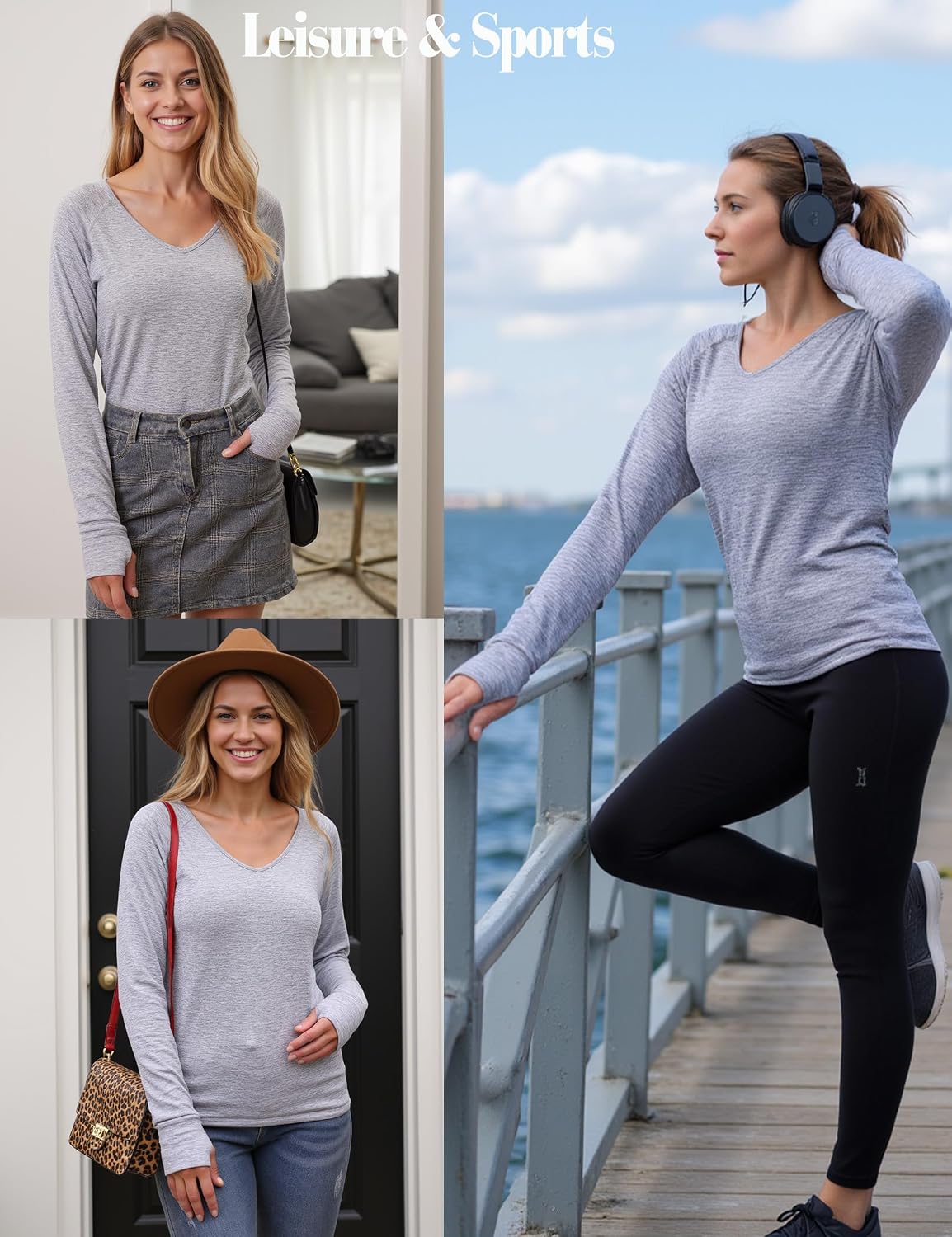 Thermoshirt Damen Langarm V-Ausschnitt mit Daumenloechern Innenfleece S-3XL