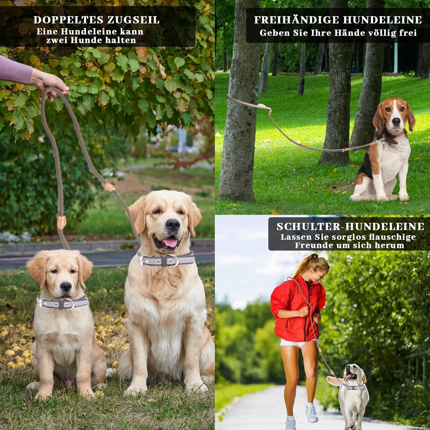 Multifunktions Hundeleine 2,1 m Nylon Beige mit 2 Karabinern fuer 2 Hunde