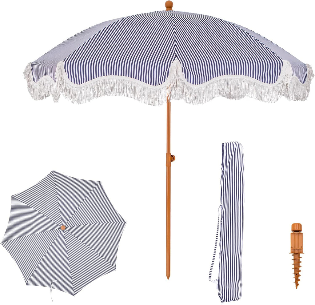 PHI VILLA Sonnenschirm Balkon 200 cm knickbar rund mit Fransen, UPF 50+