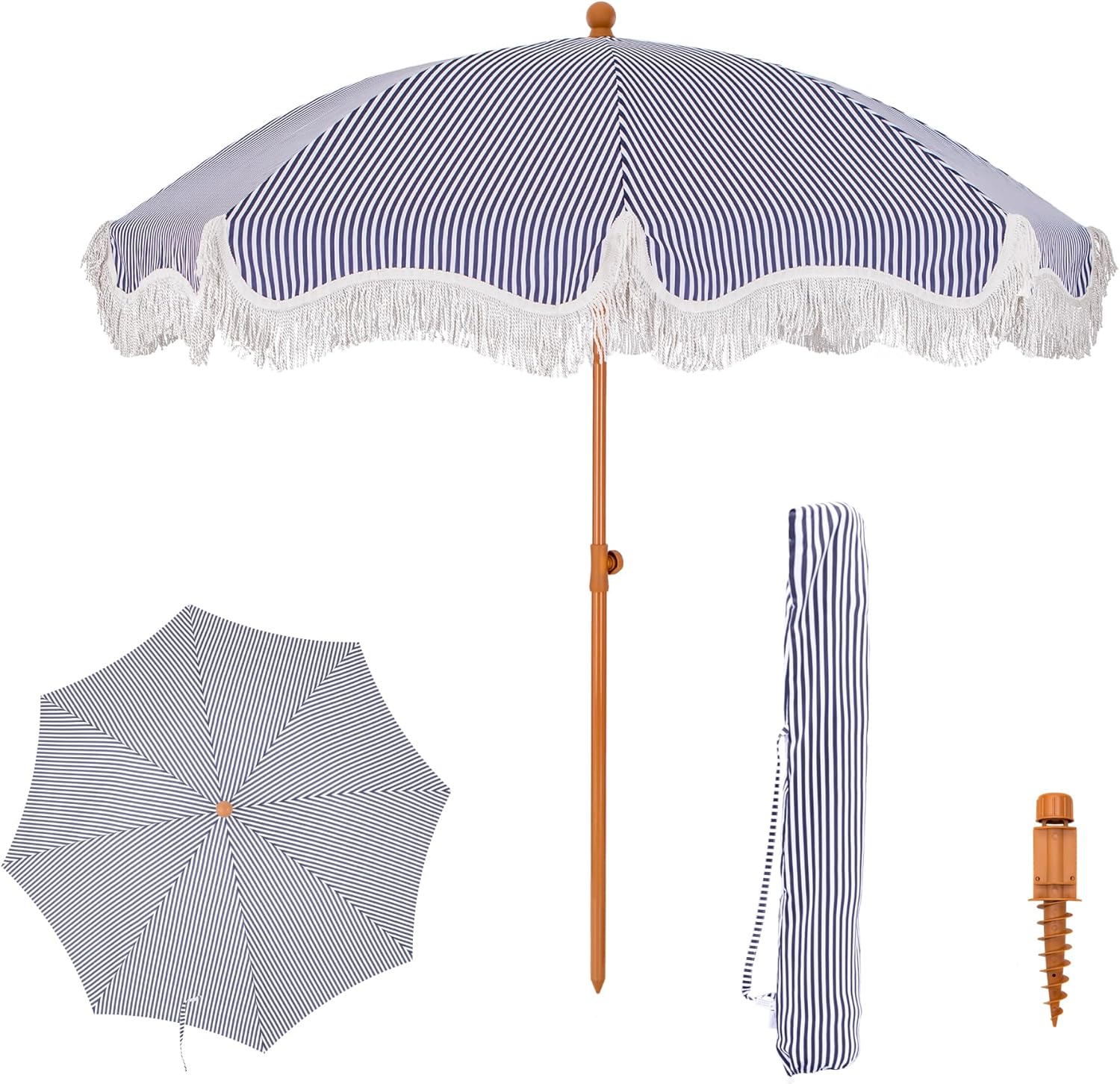PHI VILLA Sonnenschirm Balkon 200 cm knickbar rund mit Fransen, UPF 50+