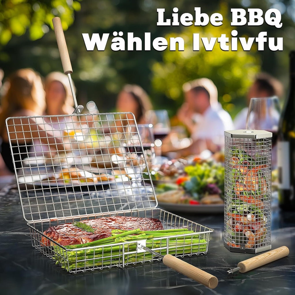 Nestbar Grillkorb Edelstahl 304 mit abnehmbarem Holzgriff fuer Gemuese - Gasgrill