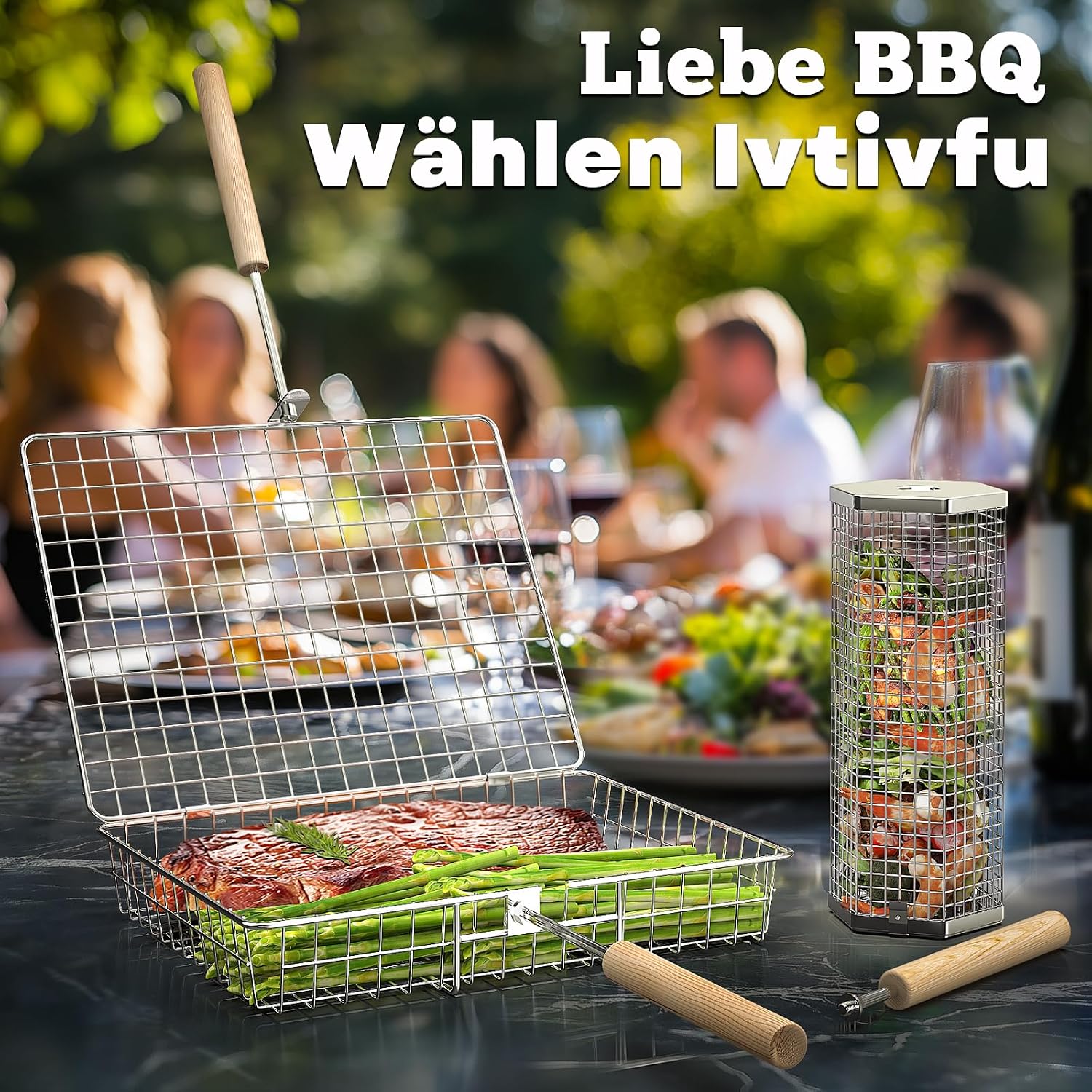 Nestbar Grillkorb Edelstahl 304 mit abnehmbarem Holzgriff fuer Gemuese - Gasgrill