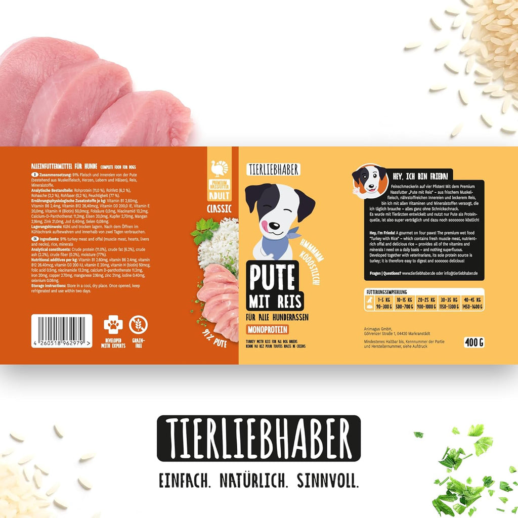 Tierliebhaber Hundefutter Nass Dose Pute mit Reis 91% Fleisch