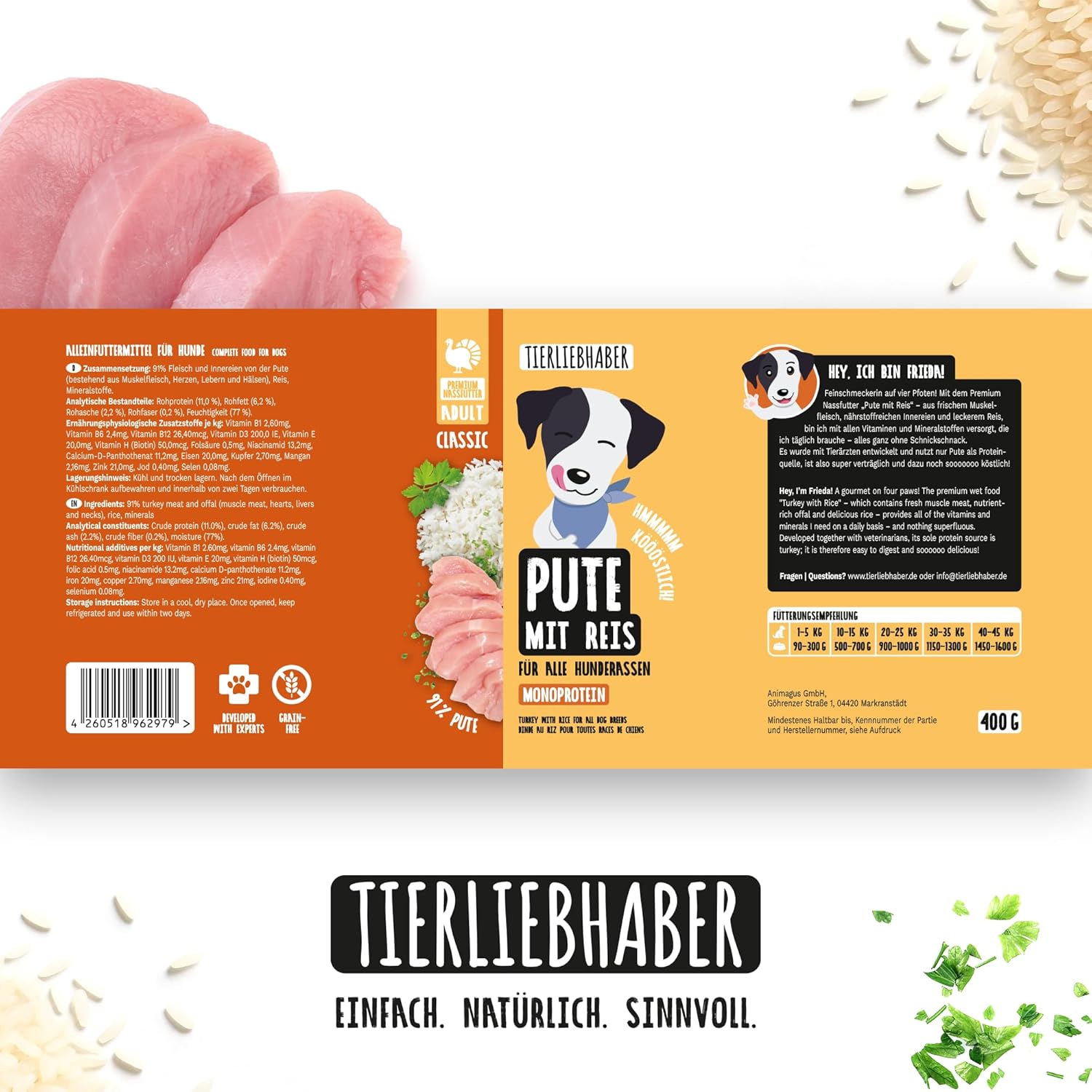 Tierliebhaber Hundefutter Nass Dose Pute mit Reis 91% Fleisch