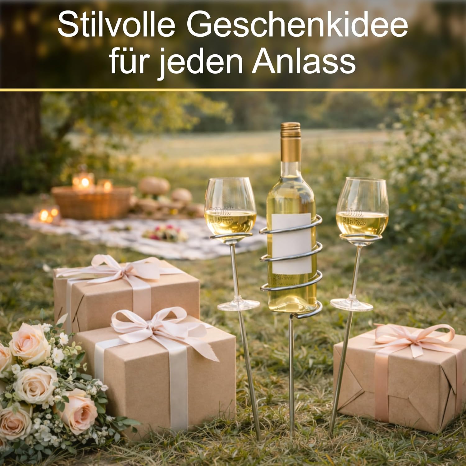 Weinstaender Edelstahl faltbar - Flaschenhalter und Glashalter fuer Picknick