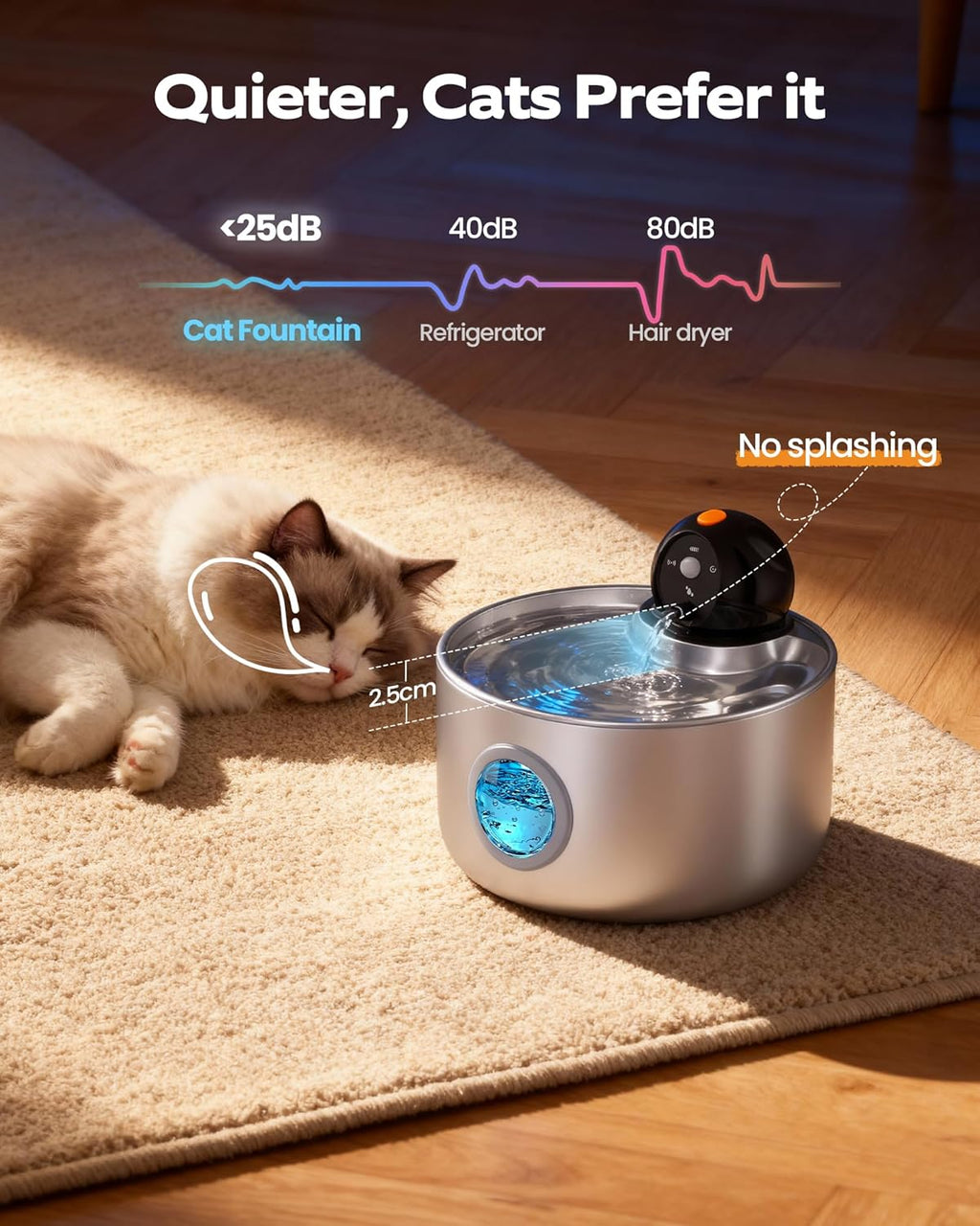 Katzenbrunnen kabellos mit Sensor Edelstahl Akku 30 Tage leise