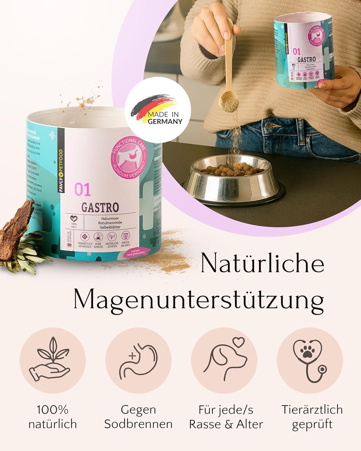 FAVLY Pulver Magen-Darm fuer Hunde - getreidefreies Ergaenzungsfutter, Rotulm