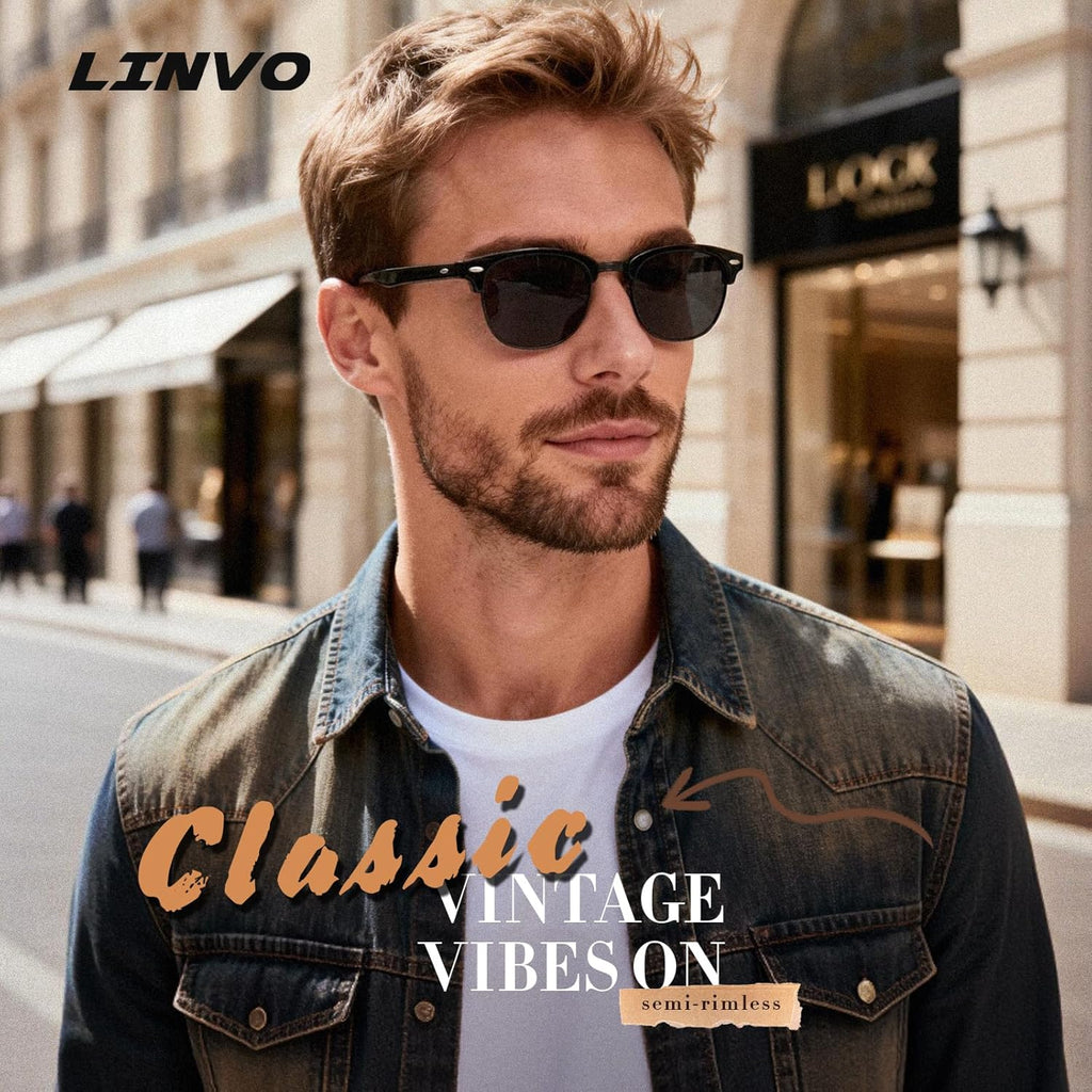 LINVO Polarisierte Sonnenbrille Herren Damen Halbrahmen UV400 Retro Fahren Angel