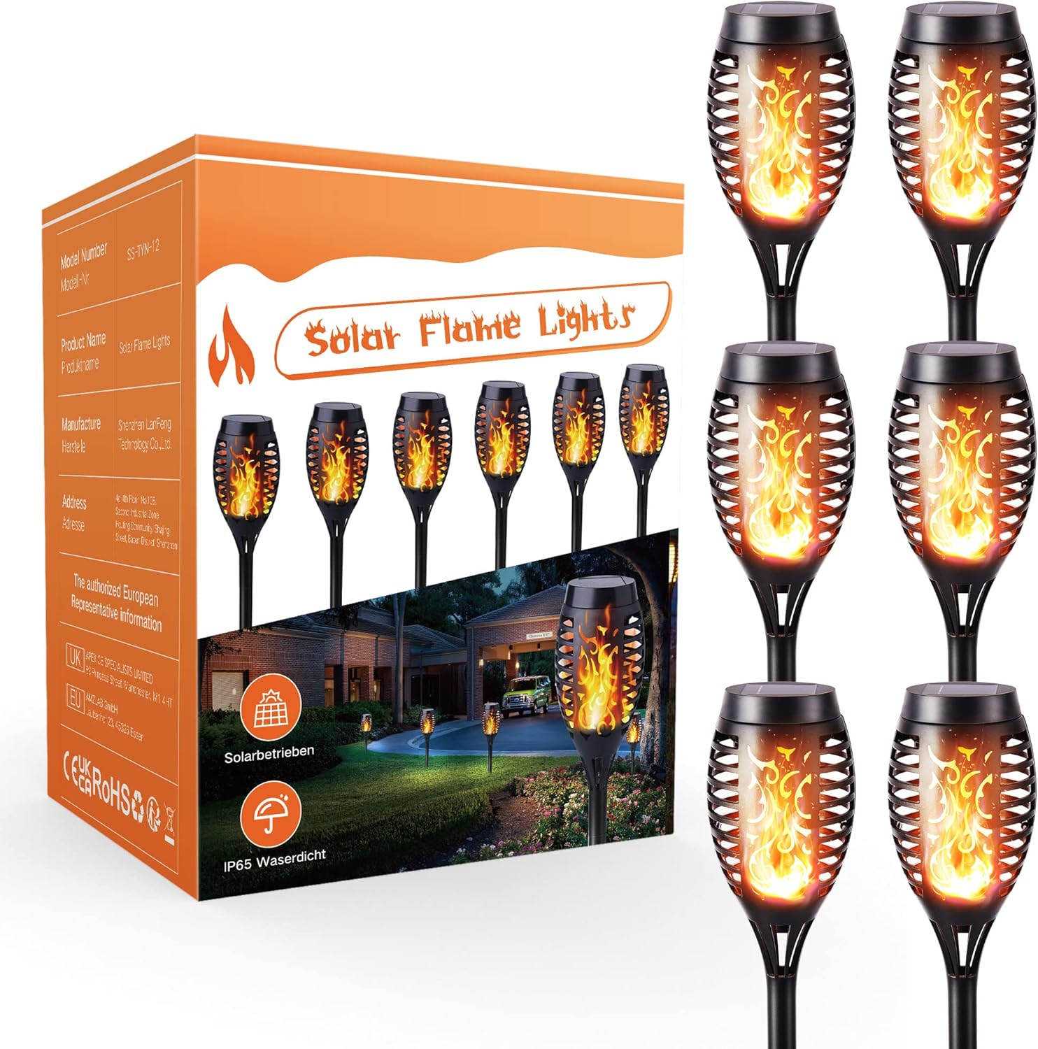 Geemoo Solar-Fackeln 6er Set mit Flammeneffekt, IP65 Wasserdicht, Garten