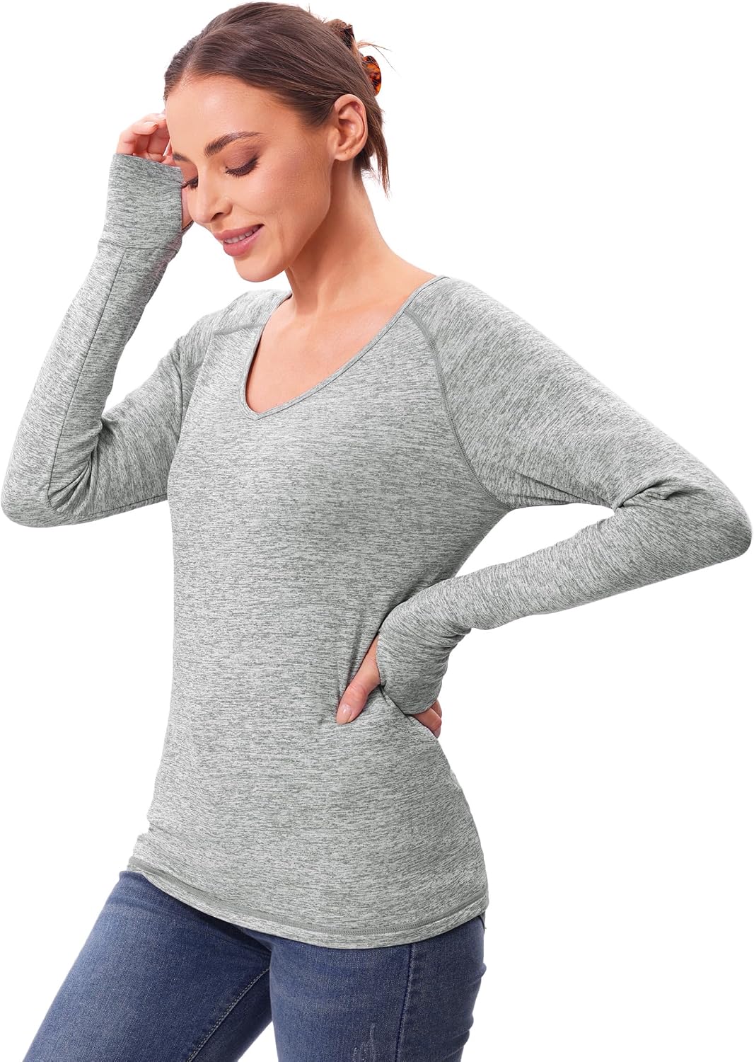 Thermoshirt Damen Langarm V-Ausschnitt mit Daumenloechern Innenfleece S-3XL