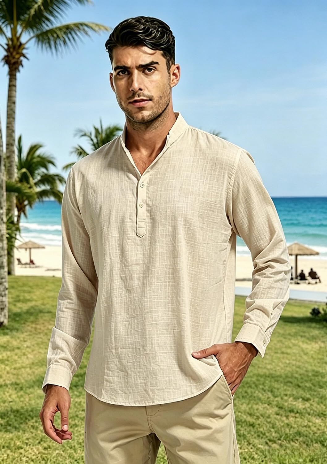 Cegerne Herren Leinenhemd Langarm Henley Sommerhemd Freizeit Strand S-3XL