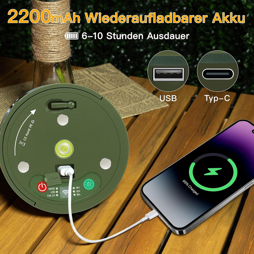 Ollny Camping Lichterkette 10m Aufrollbar Wiederaufladbar 8 Modi Dimmbar