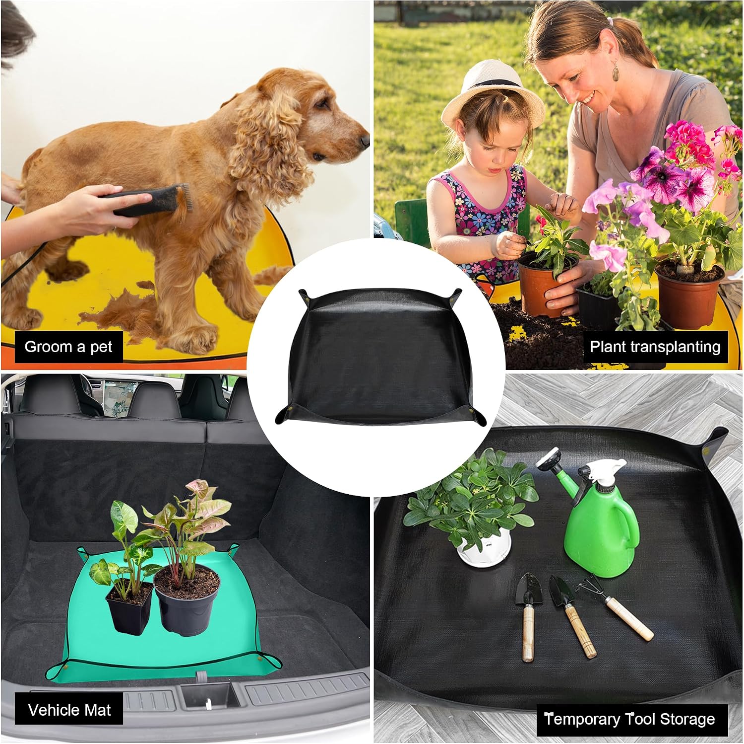 Umtopfmatte 100×100 cm Schwarz faltbar PE mit Kupferhaken