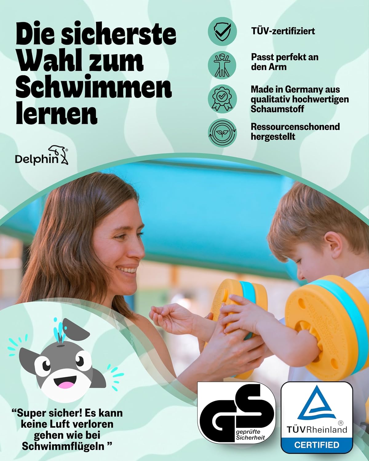 Schwimmlernhilfe Kinder 1-8 Jahre TUeV-geprueft mit Sportbeutel und Abzeichen