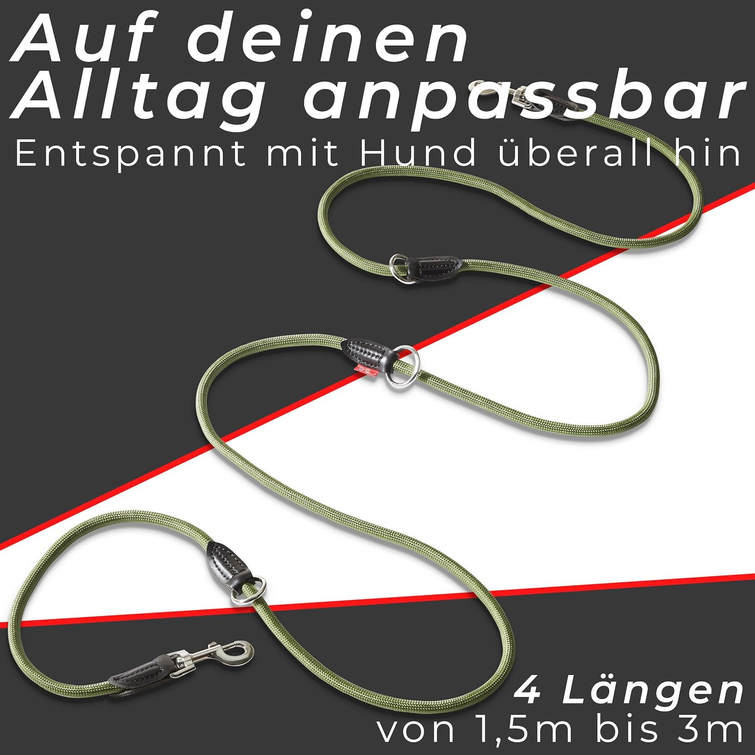 PetPatron verstellbare Hundeleine Nylon 1,5-3 m mit Lederdetails Schwarz