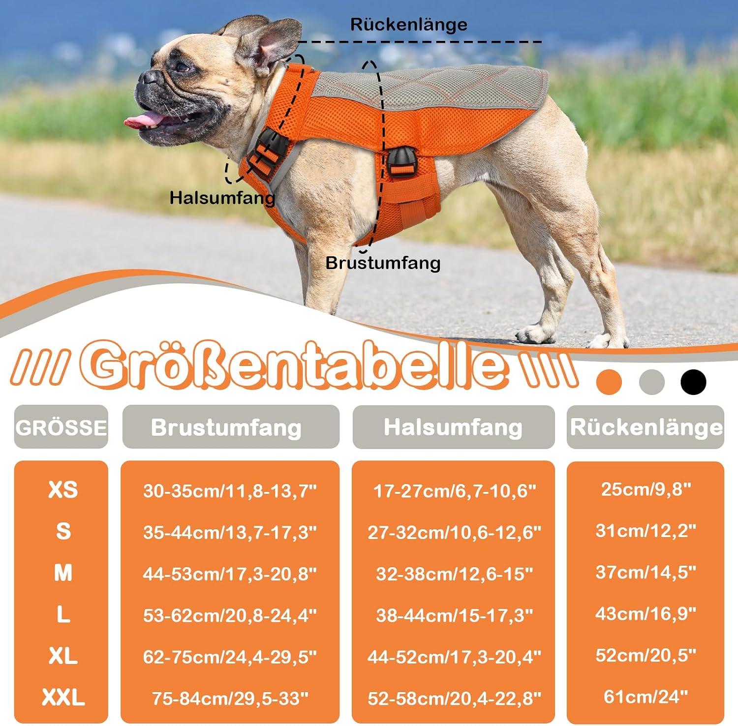Kuehlweste Hund Anthrazitgrau Gr. M Kuehlgeschirr mit D-Ring Sonnenschutz XS-XXL