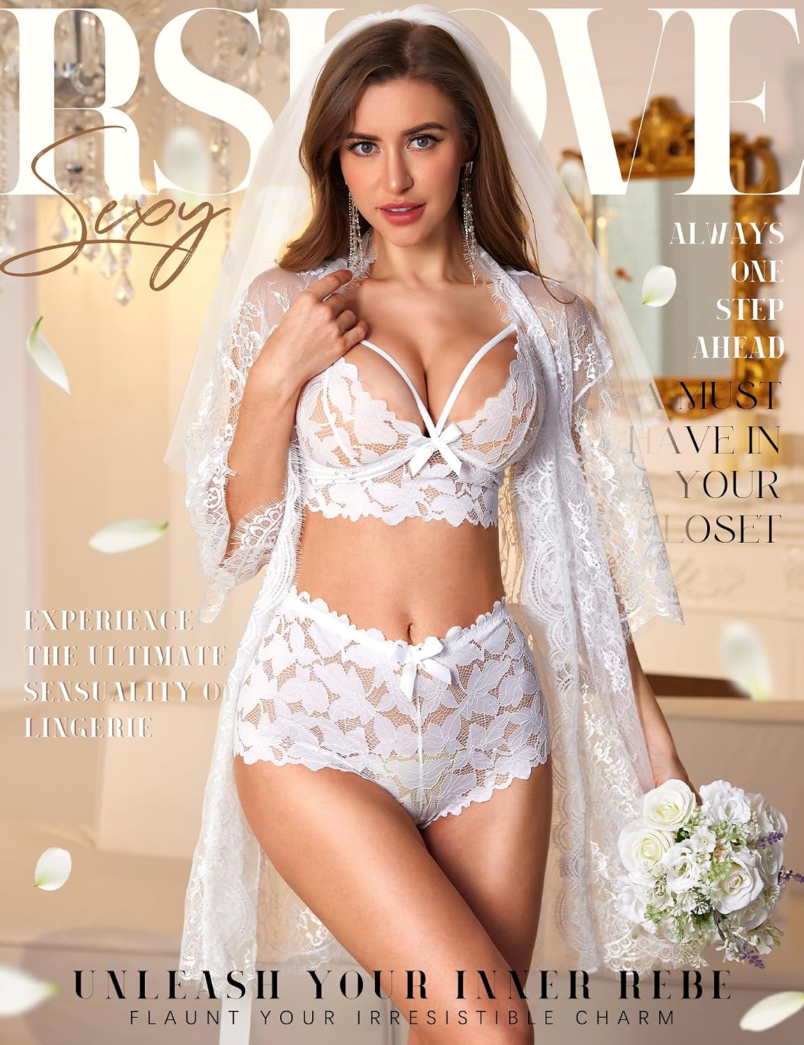 Damen Nachtwaesche Set Spitze Sexy Unterwaesche mit Morgenmantel S-XL