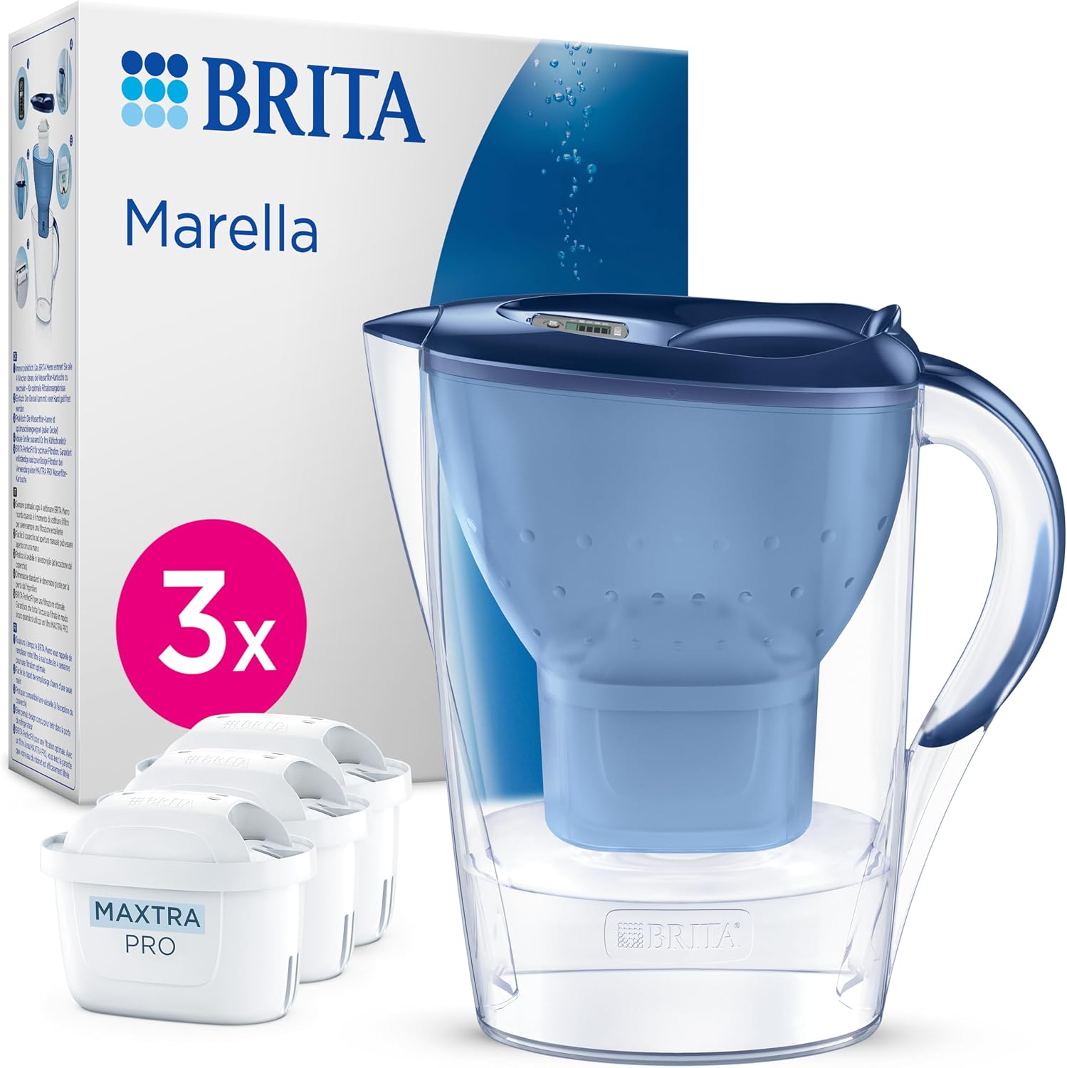 BRITA Marella 2,4 L Wasserfilterkanne Blau mit 3 MAXTRA PRO Filtern