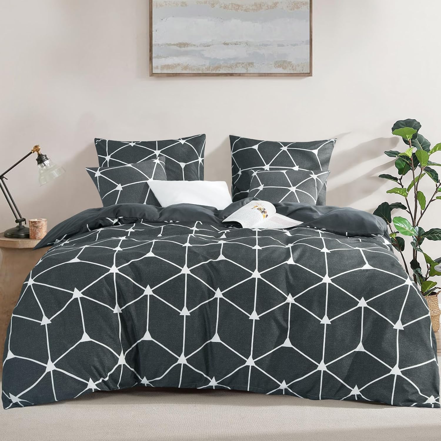 RUIKASI Bettwaesche 135x200 Anthrazit Mikrofaser 4-teilig Geometrie Muster