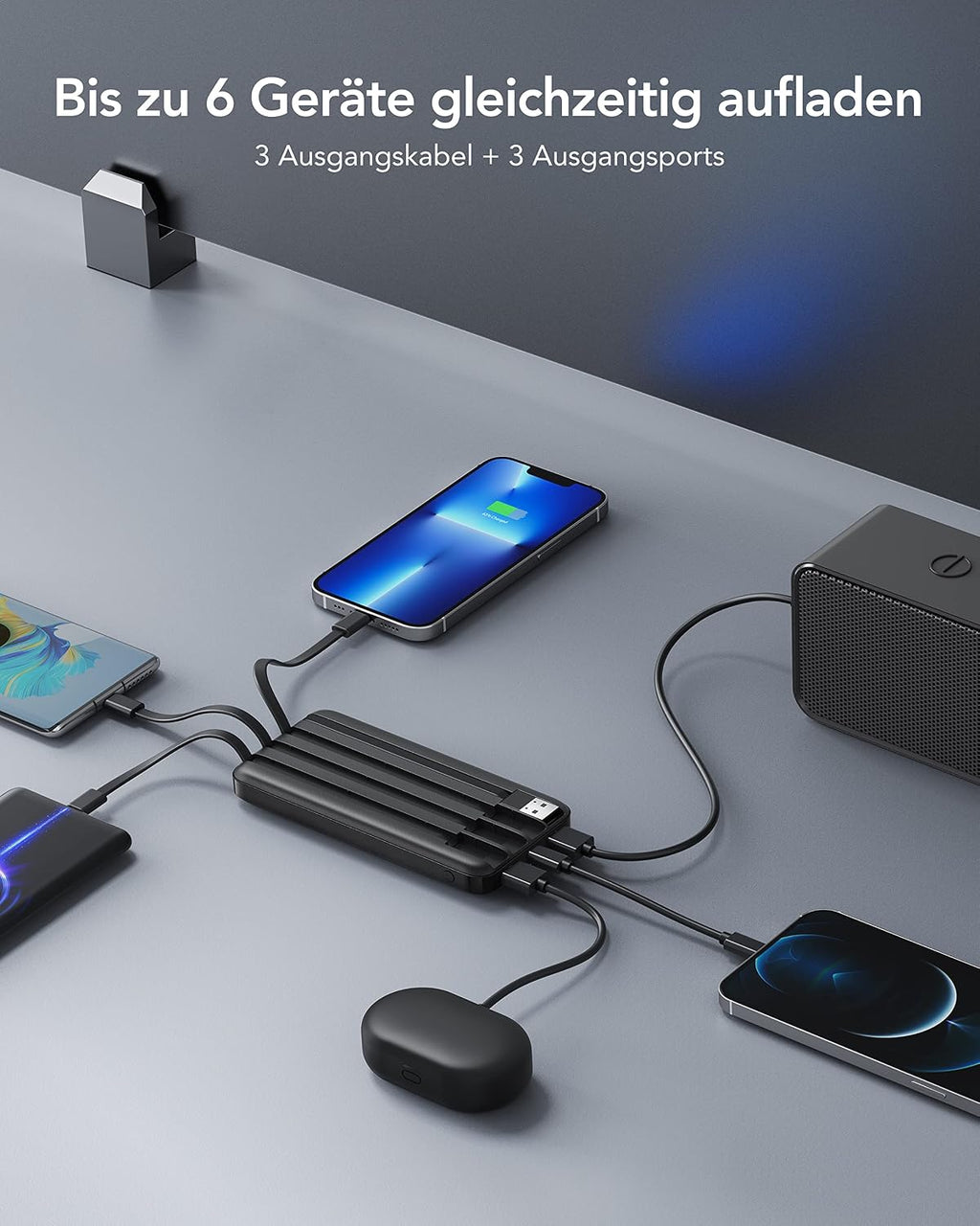 Charmast Powerbank 10000 mAh Slim mit LED-Display, 6 Ausgaenge, USB-C