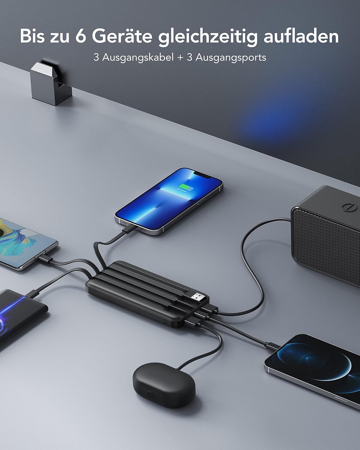 Charmast Powerbank 10000 mAh Slim mit LED-Display, 6 Ausgaenge, USB-C