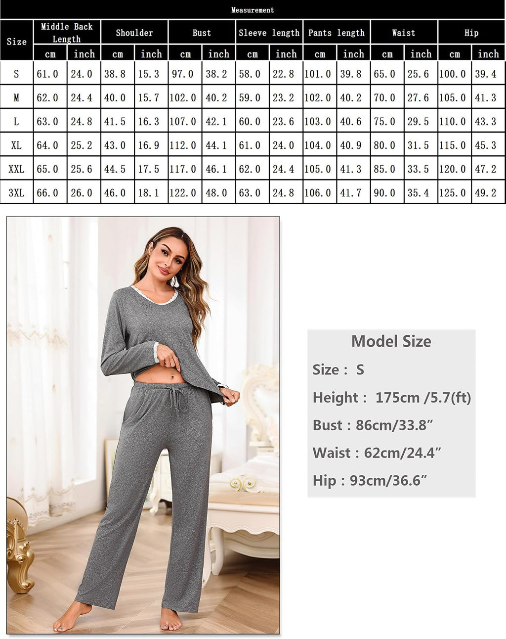 Litherday Damen Schlafanzug lang Baumwolle Winter Pyjama Set mit Tasche S-XXL