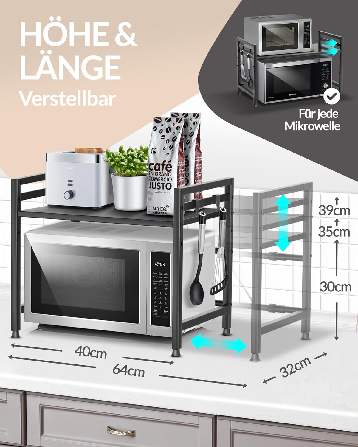 Kuechenregal 2-stufig Mikrowellenhalter stehendes Mikrowellenregal