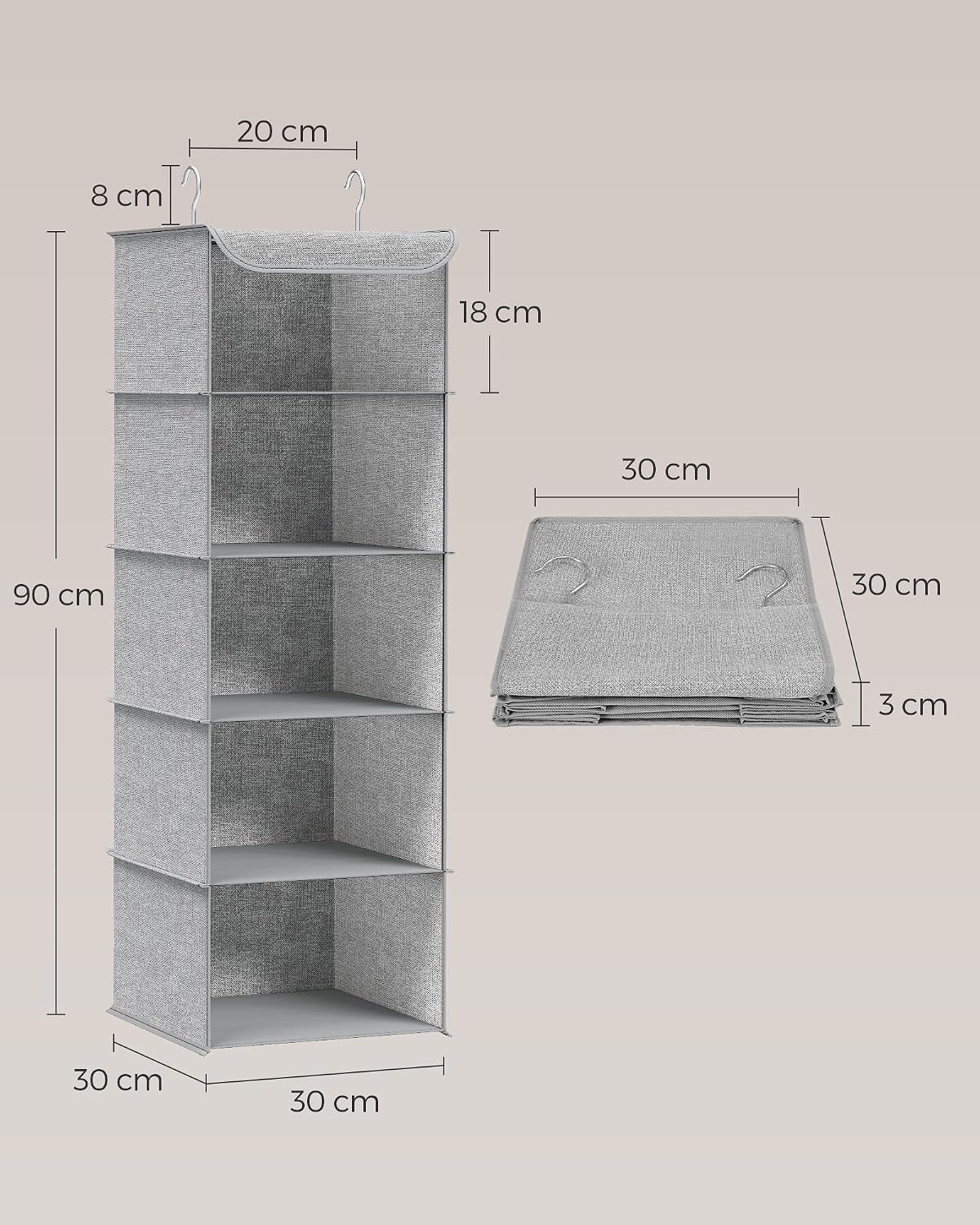 SONGMICS Haengeorganizer 4 Faecher faltbar Kleiderschrank Regal Hellgrau