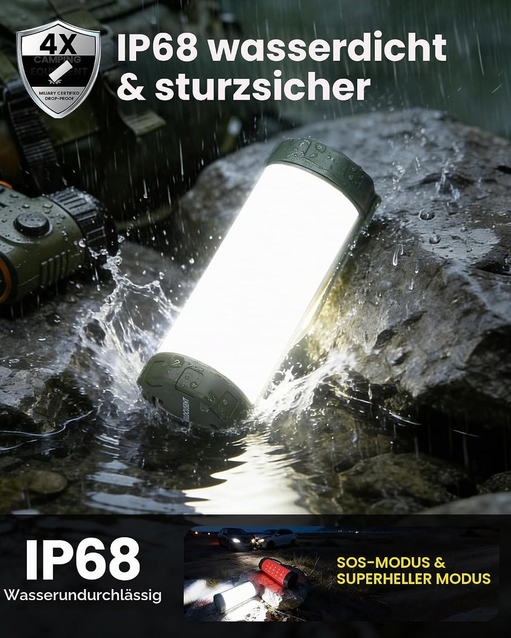 Glocusent Campinglampe 5000mAh mit 5 Helligkeitsstufen, SOS, IP68, 80 Std