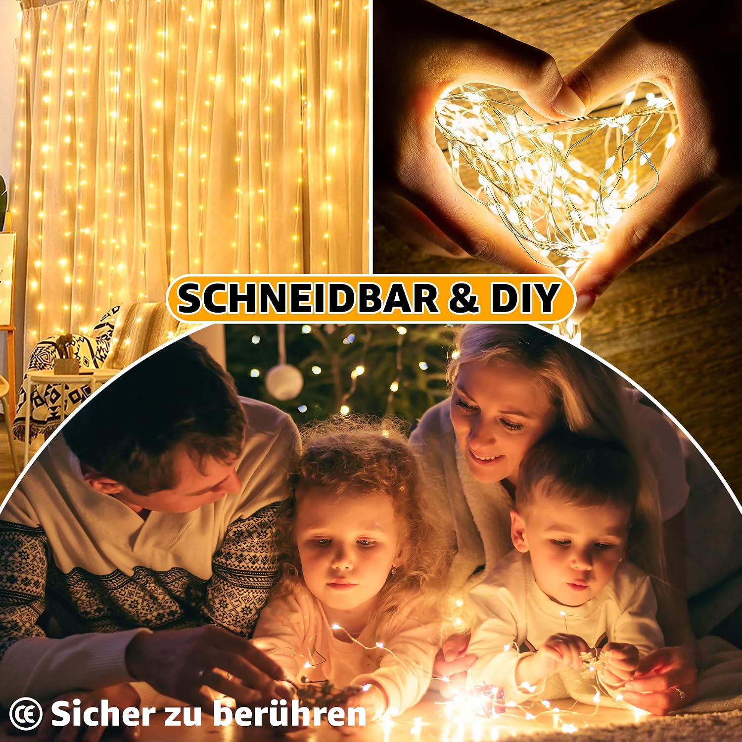 Ollny LED Lichtervorhang 2x2 m 200 LEDs warmweiss USB, Fenster Vorhang mit 10 Hak