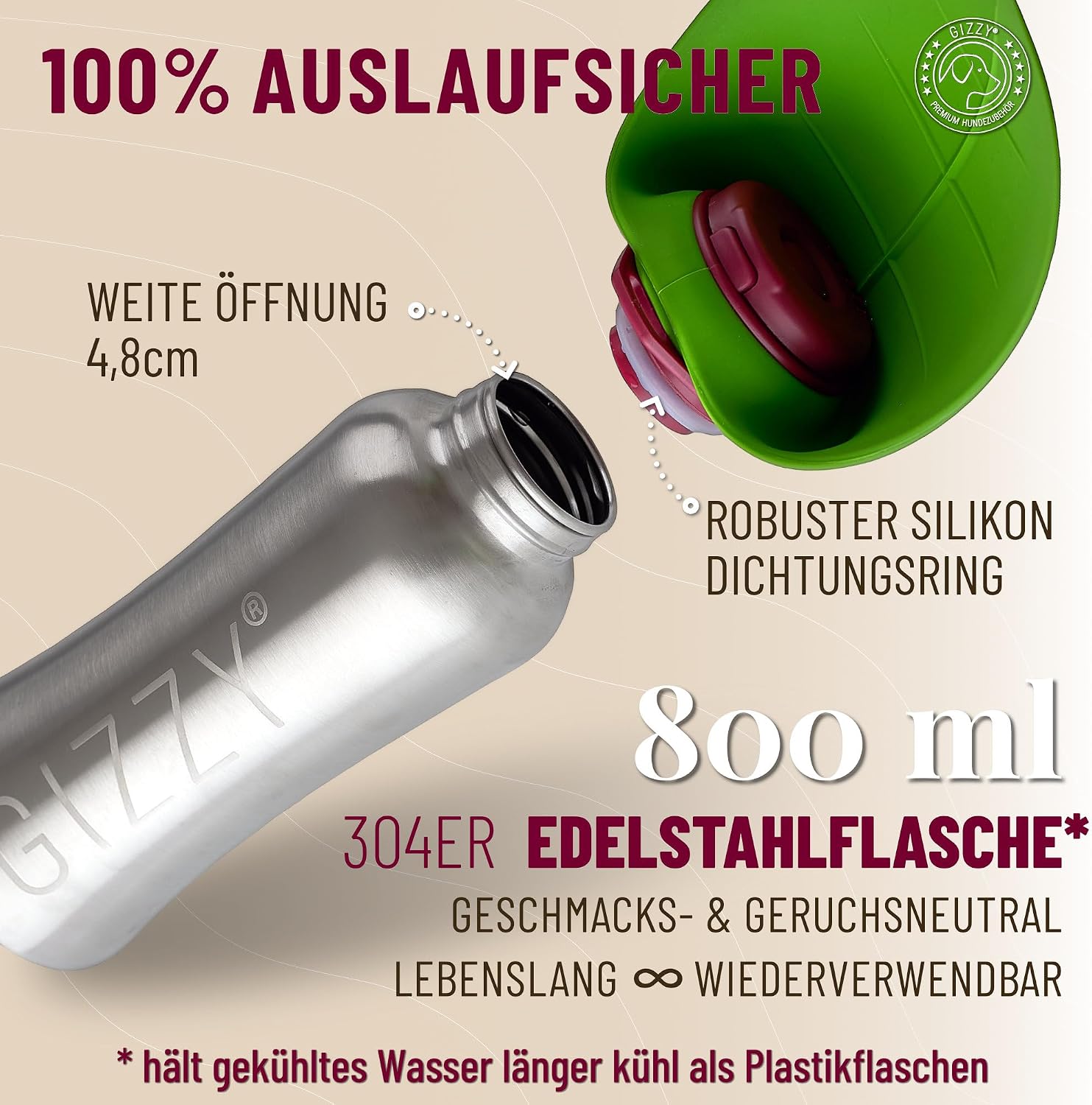 GIZZY Trinkflasche fuer Hunde Edelstahl auslaufsicher mit Handtuch