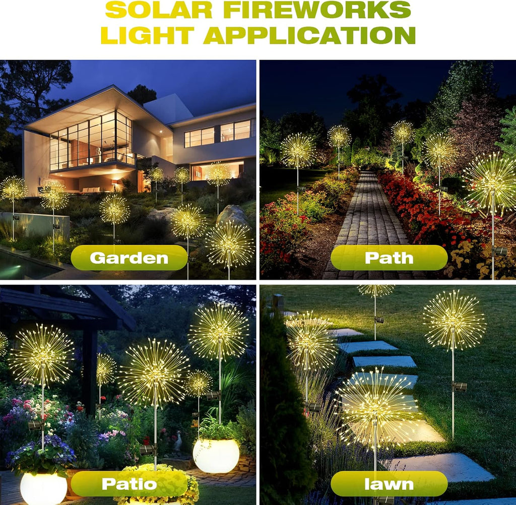 Liyade Solar Gartenleuchten 2 Stueck 120 LED Warmweiss 8 Modi Feuerwerk Pusteblume