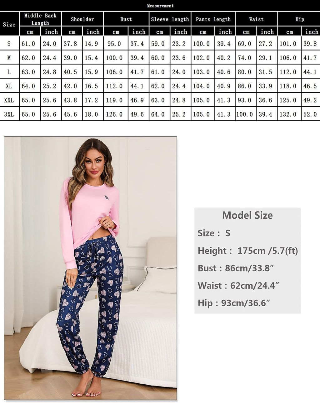Damen Schlafanzug lang Baumwolle Winter Pyjama Set Herz‑Print Tasche S-XXL