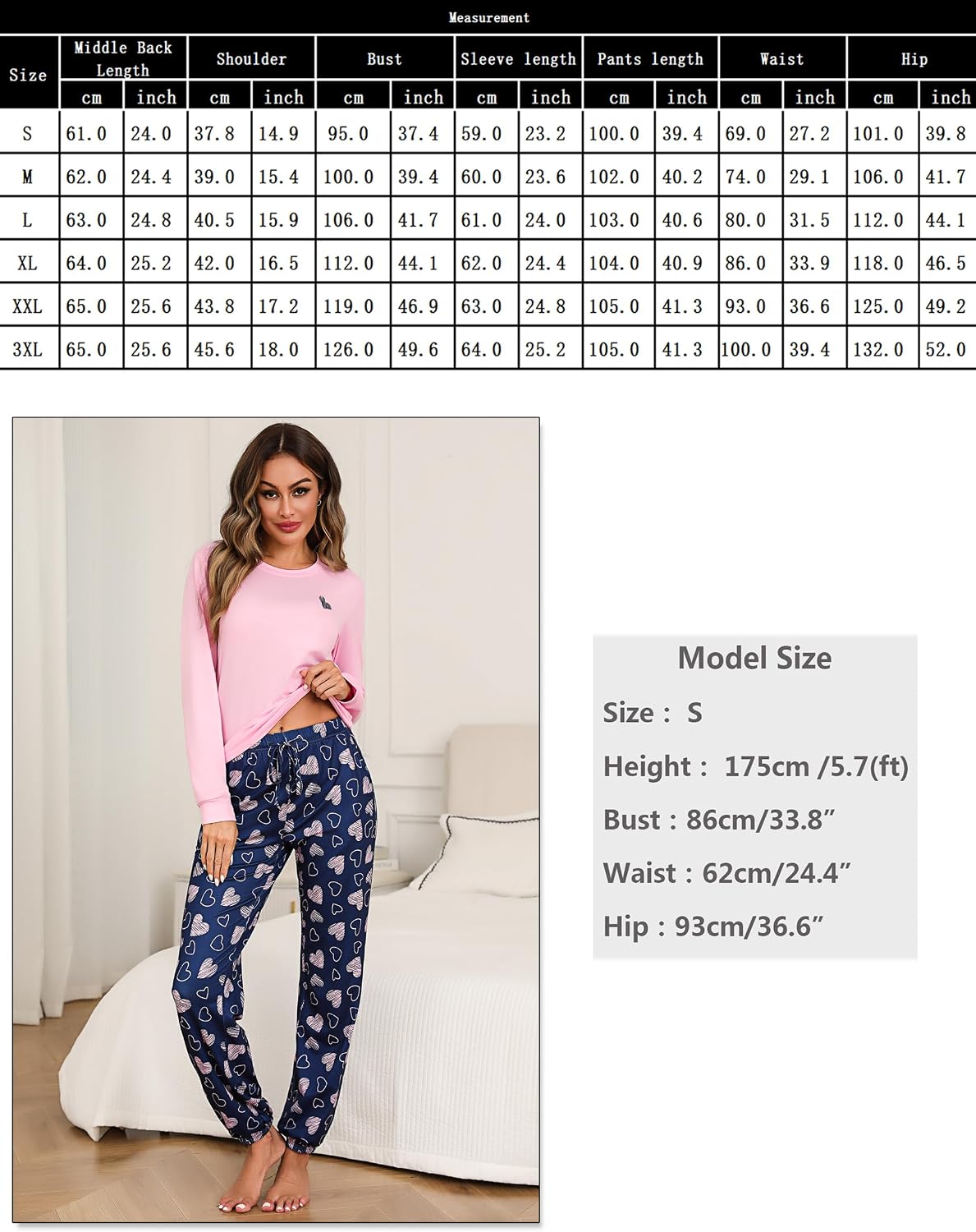 Damen Schlafanzug lang Baumwolle Winter Pyjama Set Herz‑Print Tasche S-XXL