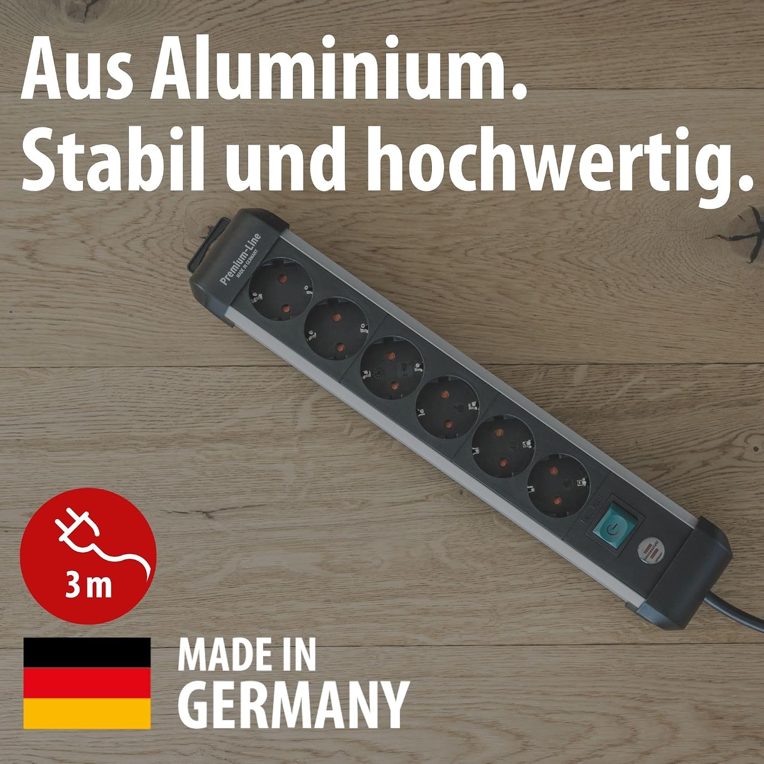 Brennenstuhl Aluminium Steckdosenleiste 6-fach mit Schalter 3 m Kabel