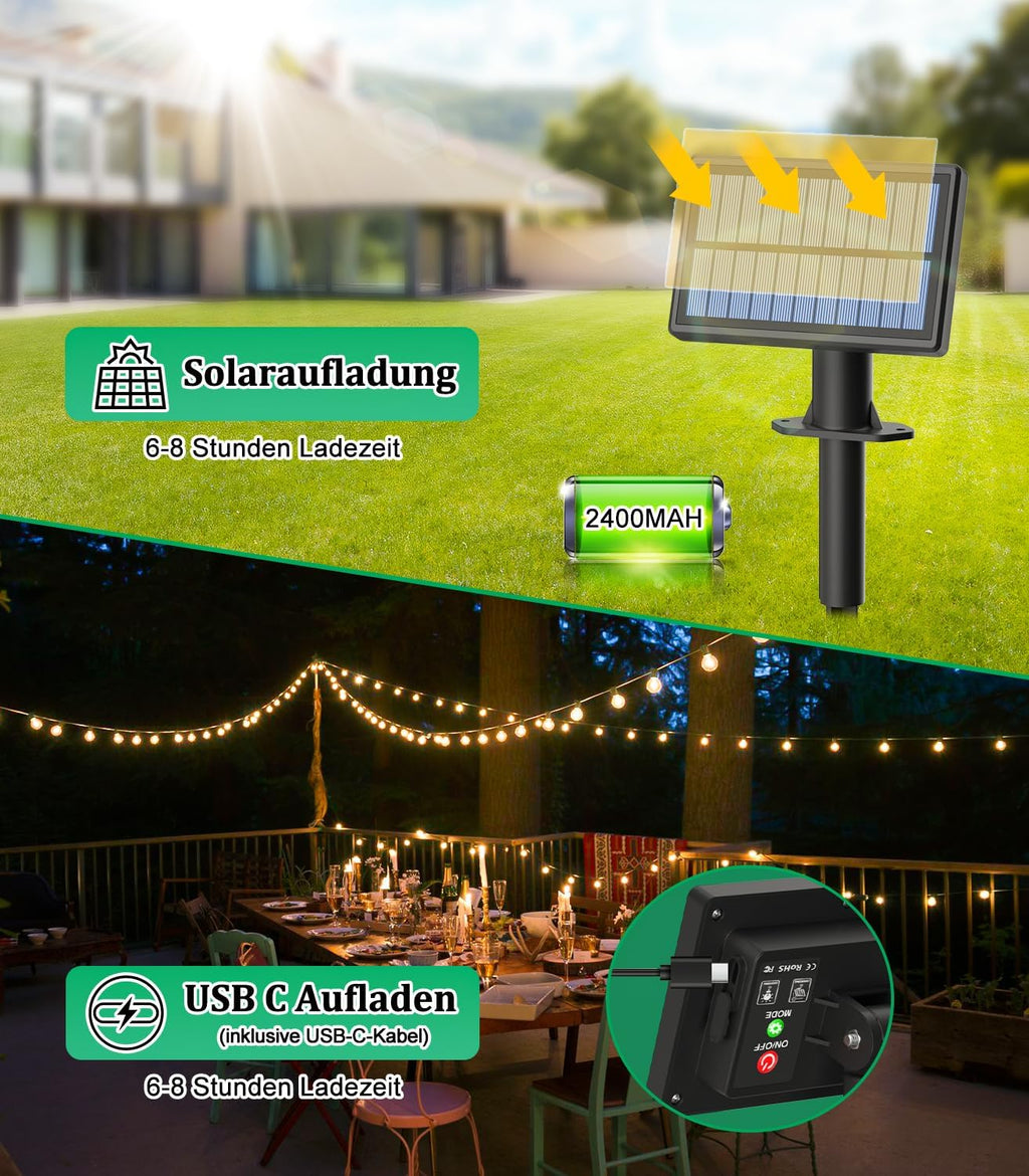Solar Lichterkette 15m G40 Gluehbirnen 50 LED IP44 wetterfest 3 Modi 15m-30m