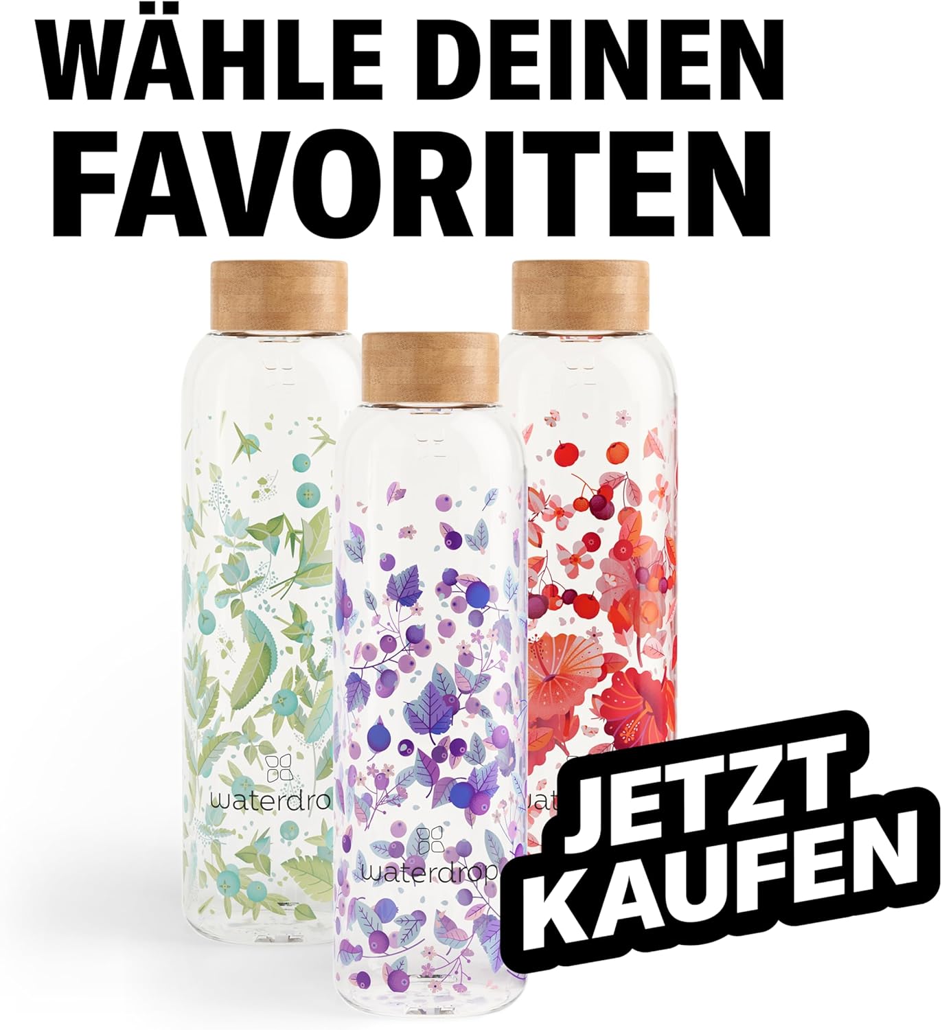 Waterdrop Glas Trinkflasche kohlensaeuregeeignet BPA-frei mit Huelle