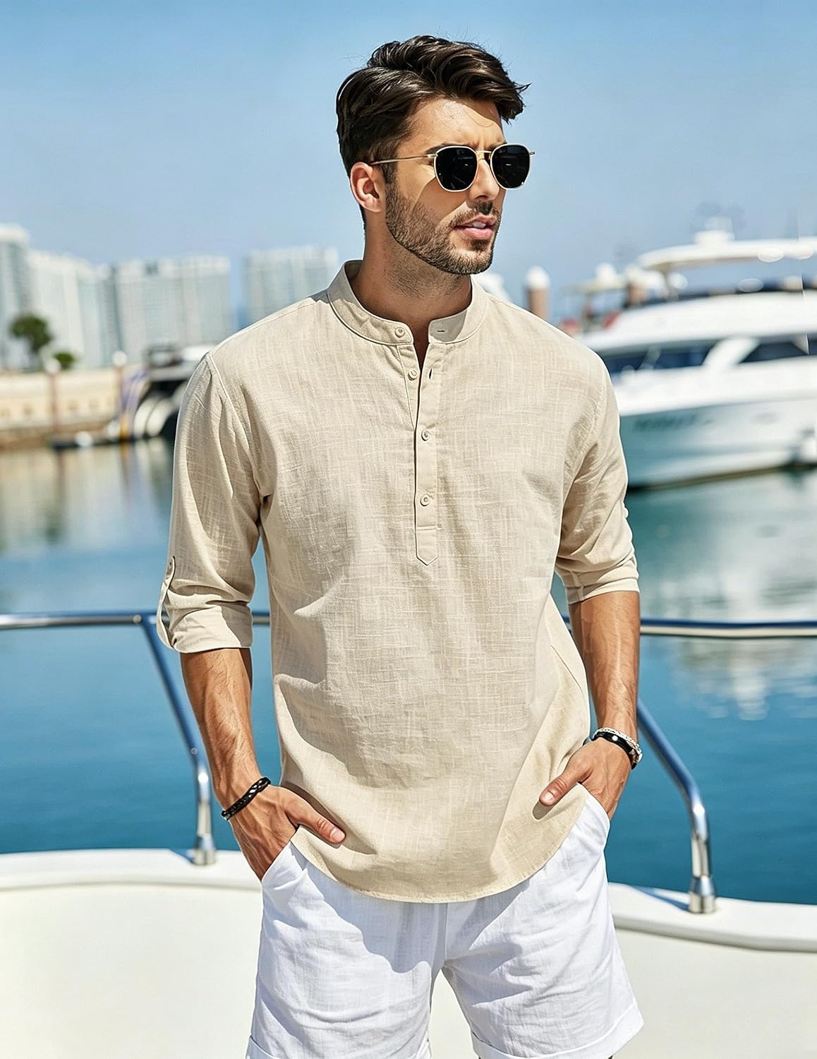 Cegerne Herren Leinenhemd Langarm Henley Sommerhemd Freizeit Strand S-3XL