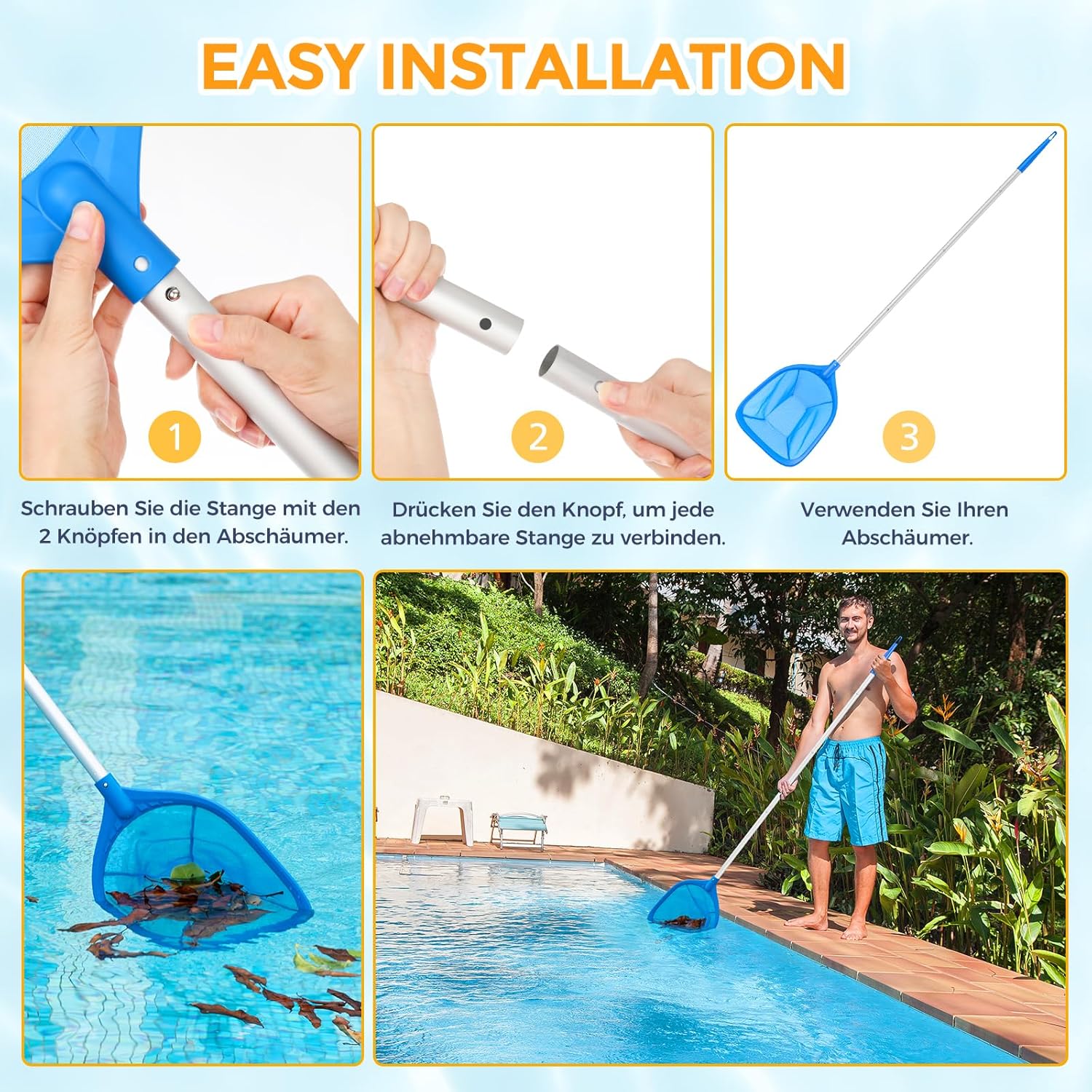 Pool Kescher Set mit 1,14 m Teleskopstange, Feinnetz Skimmer fuer Pool Teich