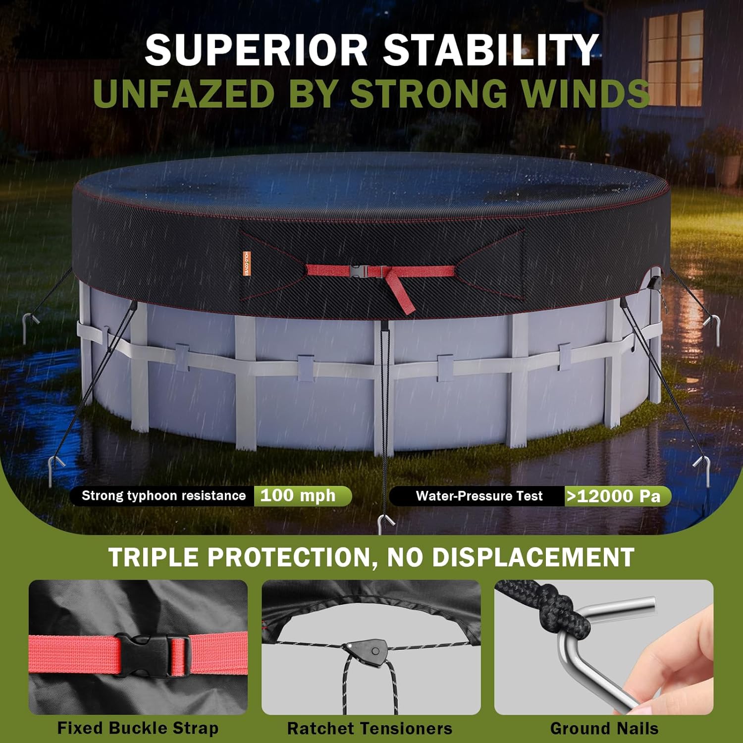 Runde Poolabdeckung 305 cm fuer Aufstellpool 420D UV-Schutz winddicht Reissfest 24