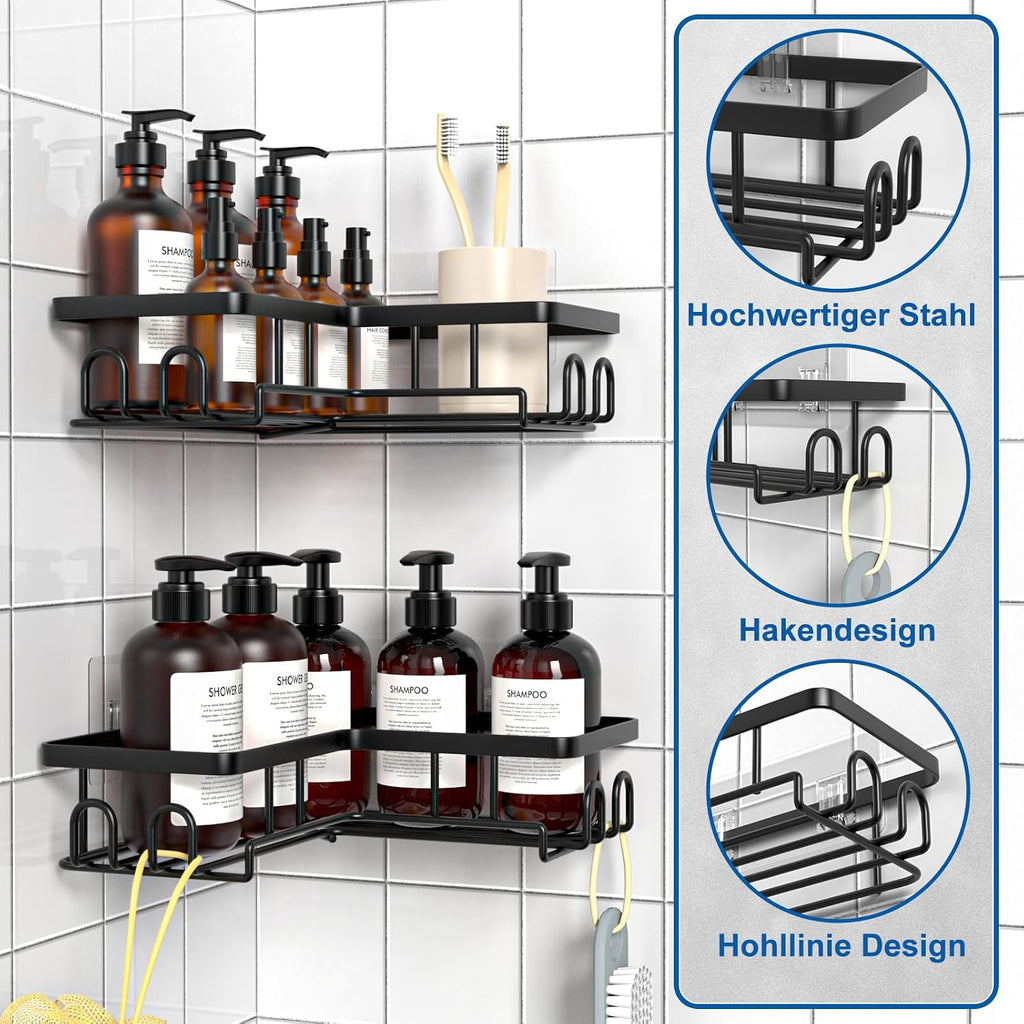 3er Set Eck-Duschablage schwarz ohne Bohren, rostfreies Duschregal