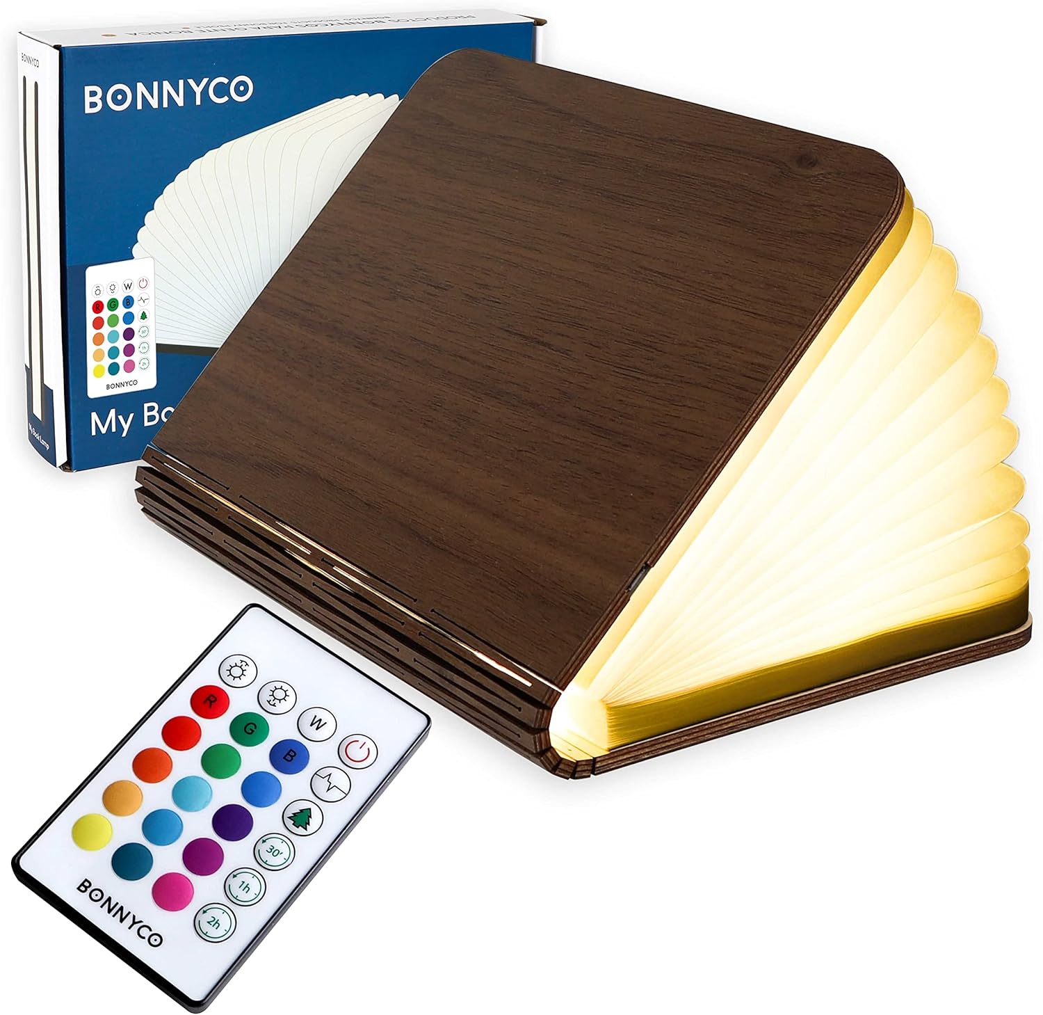BONNYCO LED Buchlampe Holz 16 Farben Timer Deko Geschenk