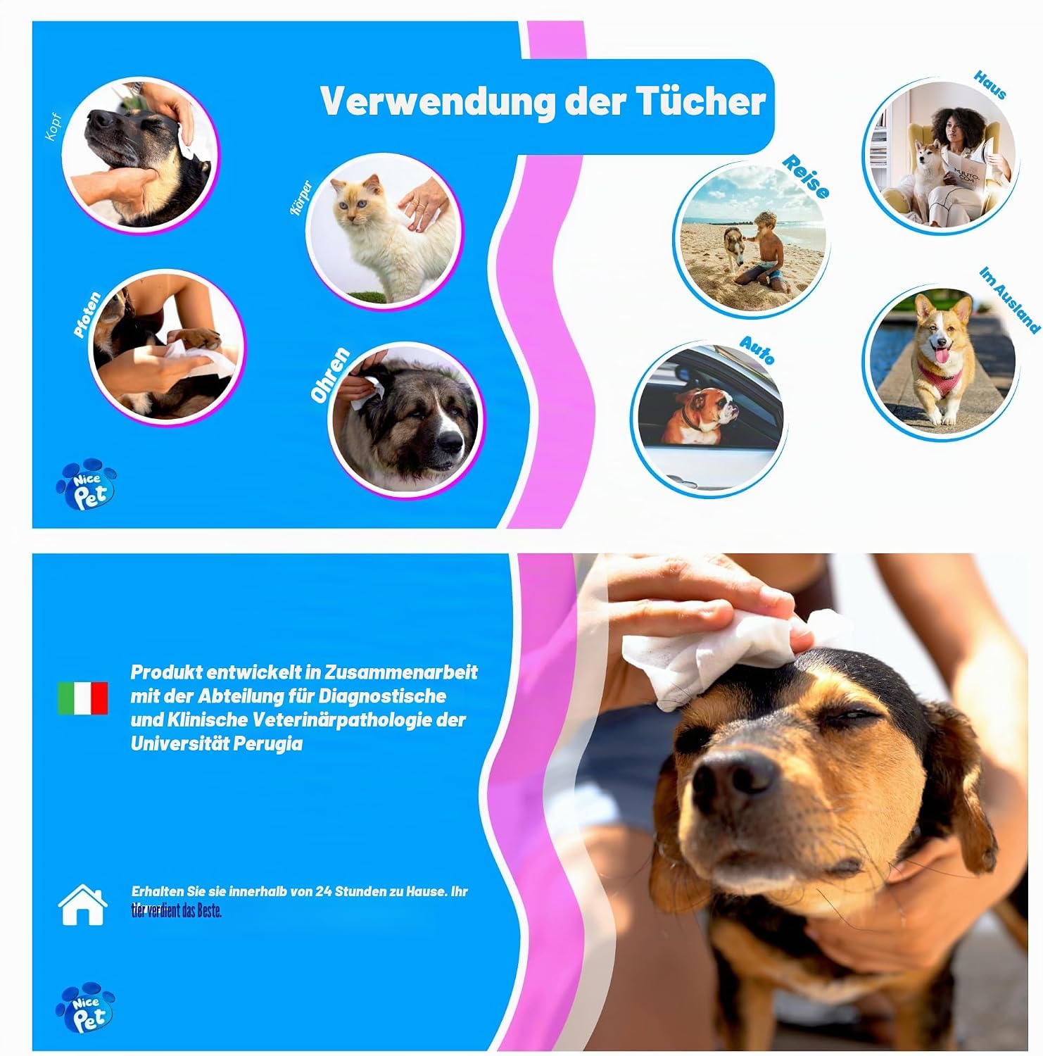 Nice Pet Reinigungstuecher fuer Hunde und Katzen mit Chlorhexidin 100 Stueck