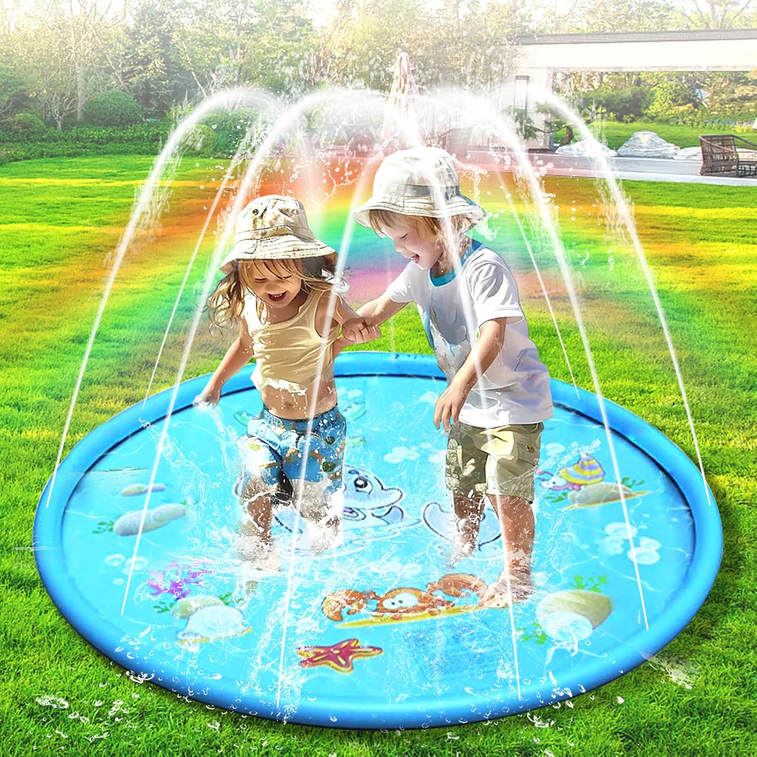 Wassersprinkler Matte 100 cm Splash Pad fuer Kinder 3-12 Jahre Blau