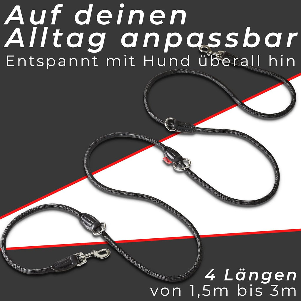 PetPatron verstellbare Hundeleine Nylon 1,5-3 m mit Lederdetails Schwarz